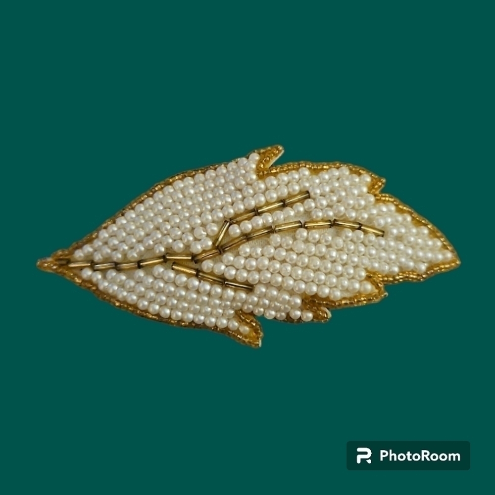 HANDMADE Fairycore White and Gold Beaded Feather Leaf Barrette